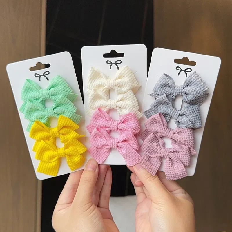 Color: Burgundy - 4PCS Soft Cotton Bow Hairpin Girl Sweet Plaid Design Hairpin Color Block Delicate Hairgripe Barrettes Kawaii Child Accessories