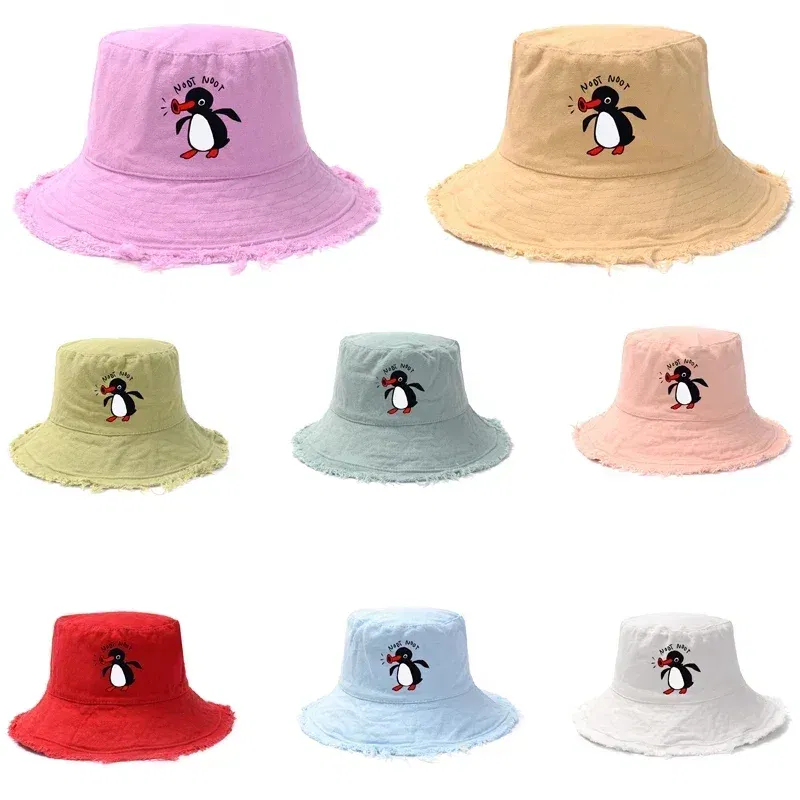 Color: Beige - Summer Penguin Bucket Hat Reversible Bob Men Women Cotton Travel Beach Fisherman Hat Outdoor Sports Pull Up Bob Panama Sun Hat