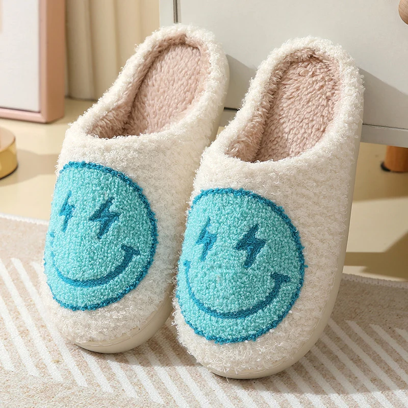 Color: black, Shoe Size: 45 - Leopard Print Winter Slippers Women Lightning Smile Face Fluffy Fur Slippers Woman Indoor Anti-slip Furry Couple Cotton Slides