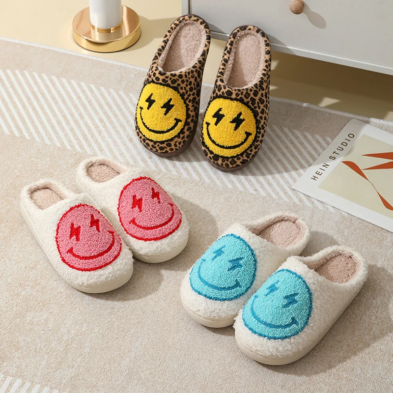 Color: black, Shoe Size: 45 - Leopard Print Winter Slippers Women Lightning Smile Face Fluffy Fur Slippers Woman Indoor Anti-slip Furry Couple Cotton Slides