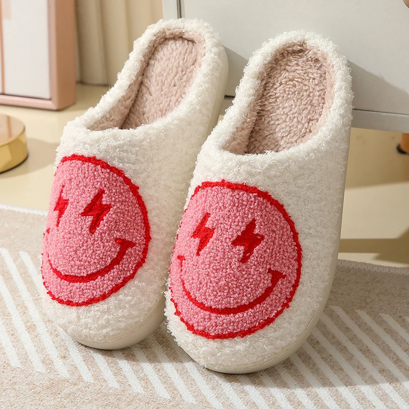 Color: black, Shoe Size: 45 - Leopard Print Winter Slippers Women Lightning Smile Face Fluffy Fur Slippers Woman Indoor Anti-slip Furry Couple Cotton Slides