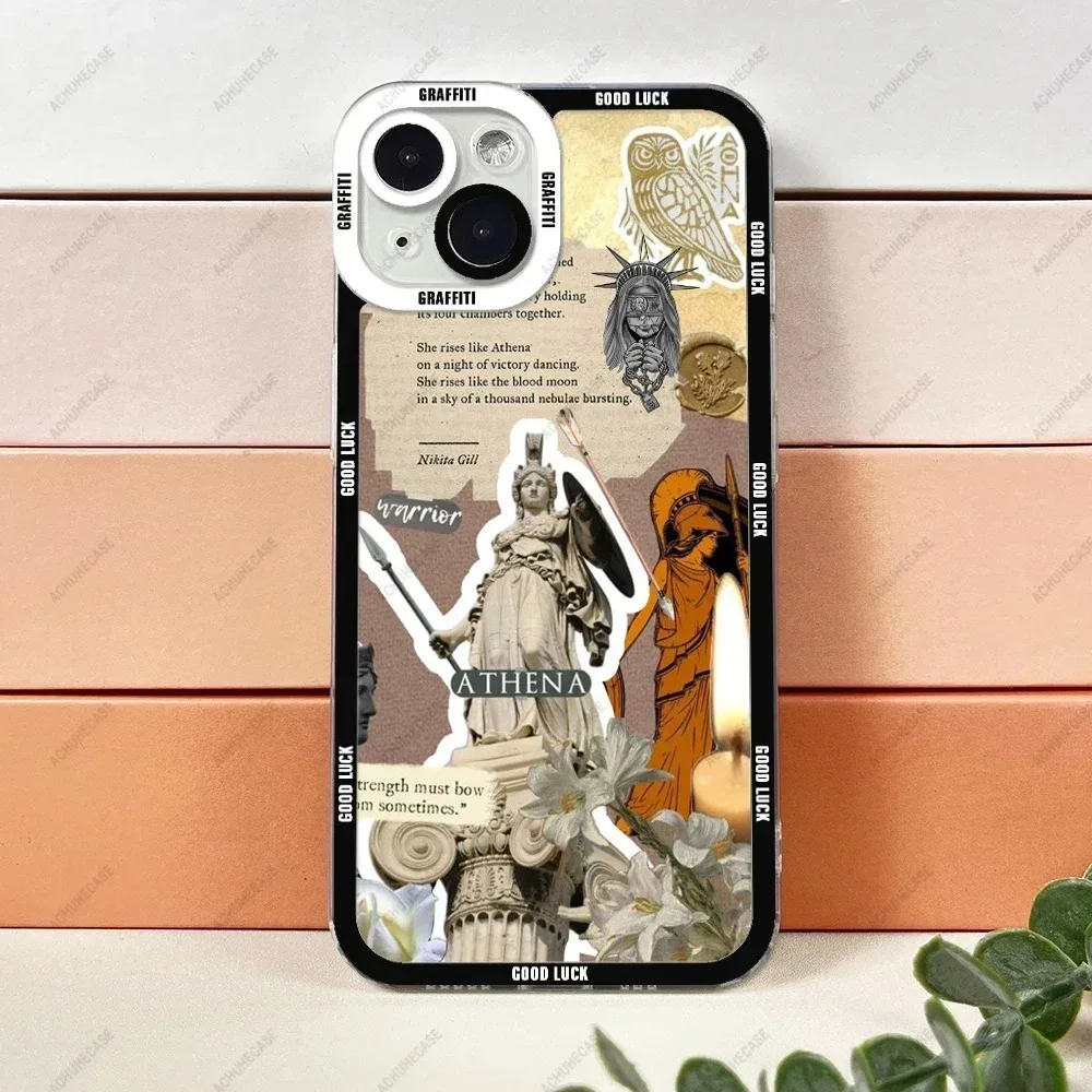 Color: Brown, Material: POLYESTER - Aesthetic Statue Art Phone Case For iPhone 16 15 14 13 12 11 Pro Max XS X XR Plus Mini Luxury Transparent Soft Funda