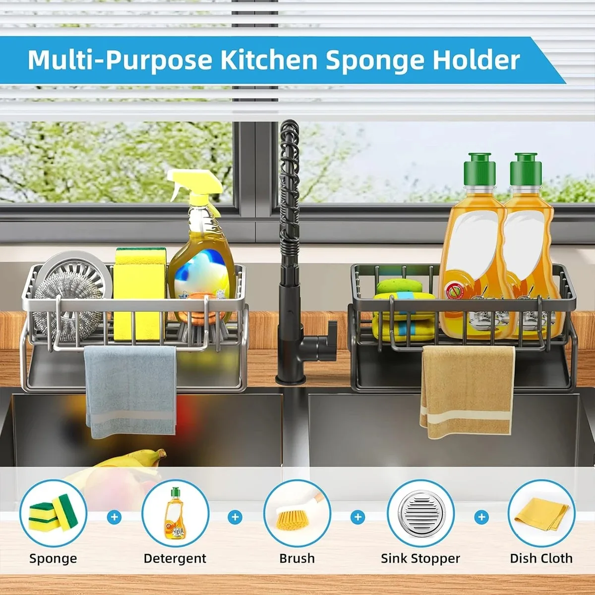 Color: Light Grey - Kitchen Sink Drain Rack Organizer Sponge Storage Faucet Holder Soap Drainer Dishcloth Towel Rack Kitchen Sink Organizer