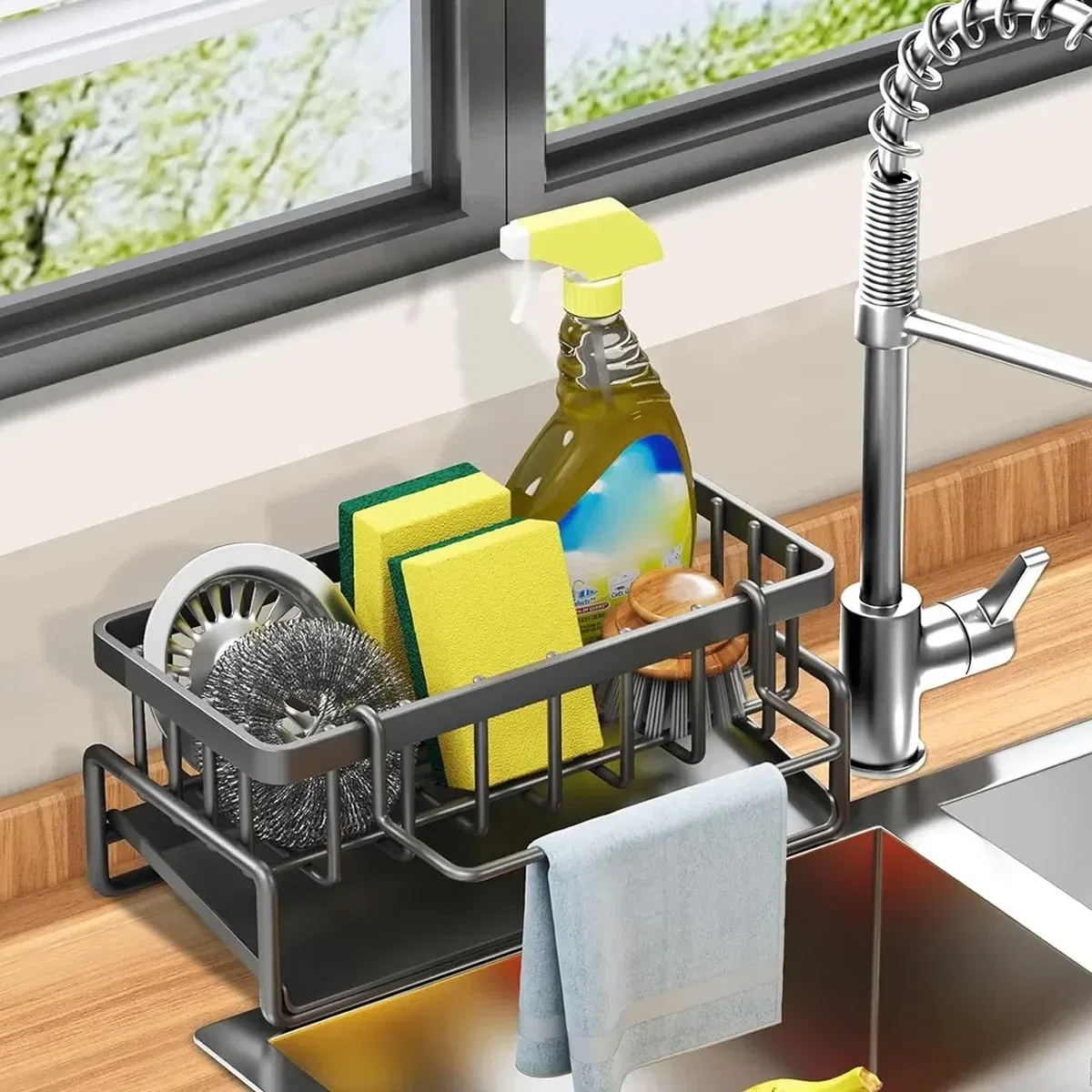Color: Light Grey - Kitchen Sink Drain Rack Organizer Sponge Storage Faucet Holder Soap Drainer Dishcloth Towel Rack Kitchen Sink Organizer