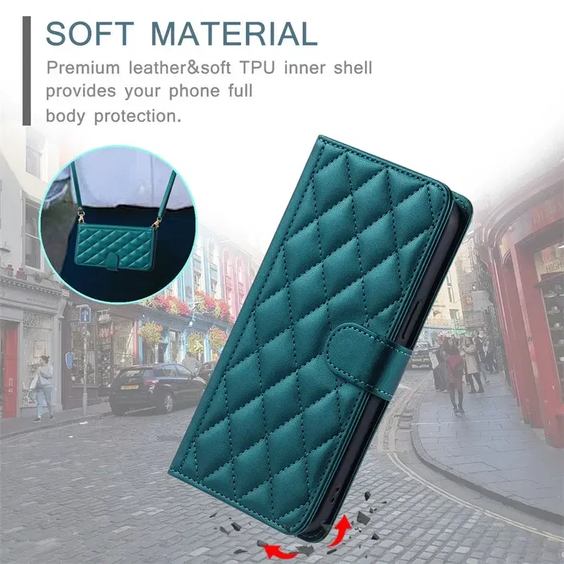 Material: plastic, Color: Pink - Long lanyard Flip Leather Phone Case for Samsung Galaxy S24 Ultra S23 FE S22 S21 S20 S10 Plus Wallet Card Cover Coque
