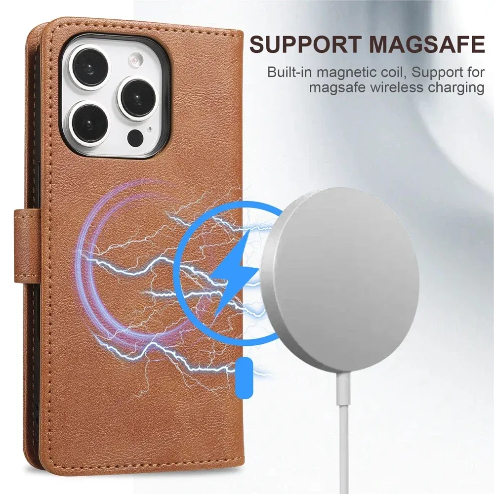 Color: Brown, Material: PP - 2 in 1 MagSafe Wallet Case for IPhone 16 Promax 15 Plus 14 Pro Max 13 12 Iphone16 Magnetic Wireless Charging Phone Cover