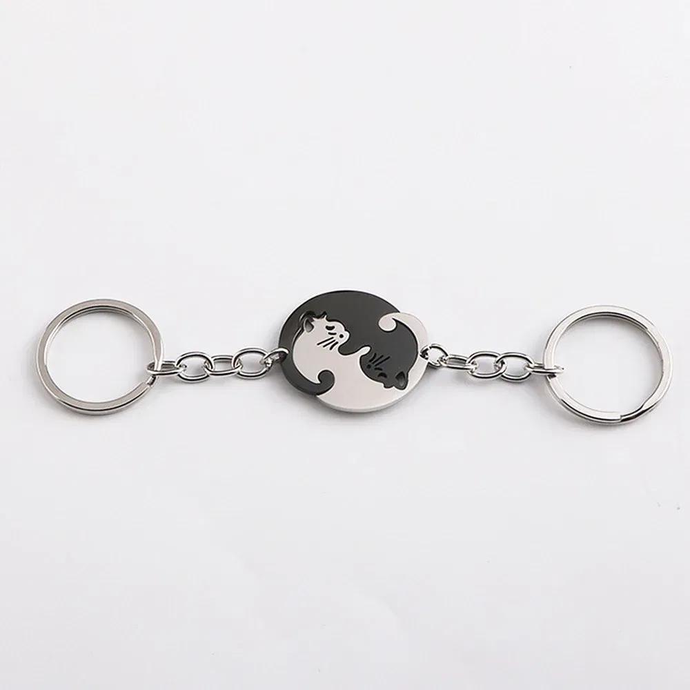 Color: WHITE - Heart-shaped Patchwork Love Cat Keychain Pendant Couple Key Chain Pendant Jewelry European and American Stainless Steel Keychain