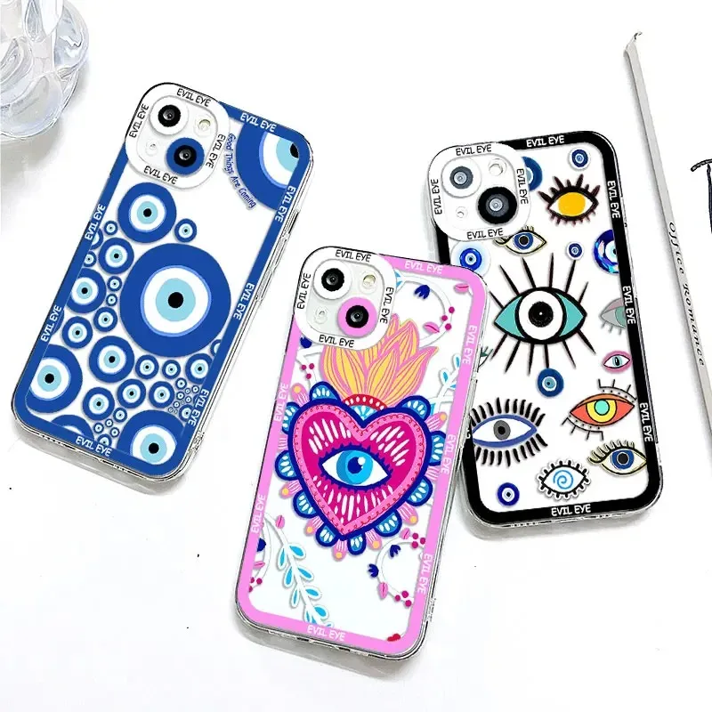 Color: Beige, Material: PVC - Blue Evil Eye Phone Case For Samsung Galaxy S10 S20 S21 S22 S23 S24 FE Plus Ultra Note 20 Transparent TPU Case