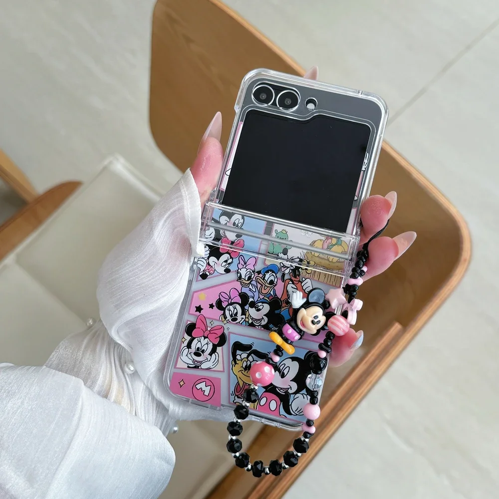 Material: Wood, Color: SKY BLUE - Cute Cartoon Disney Mickey Minnie Mouse Phone Case For Samsung Galaxy Z Flip 7 6 5 4 3 Stand Holder Case Hard Cover With Lanyard