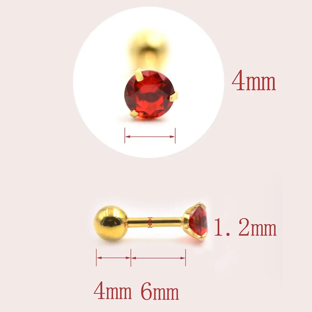 Metal Color: Rhodium Plated, Main Stone Color: Red - 1Pc Small Round Cz Tragus Cartilage Titanium Steel 16G 4 Prong Ear Stud Earrings Tragus Helix Piercing Jewelry Sexy Body Jewelry