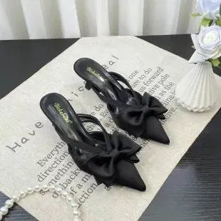 Color: Beige, Shoe Size: 35 - Fairy Style Pink Cool Slippers for Women's Summer 2024 French Pointed Bow Hollow High Heels, Half Wrapped Women's Slippers