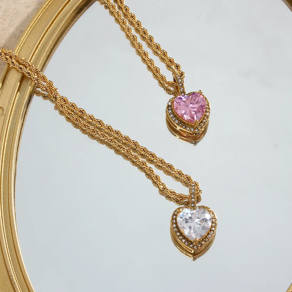 Metal Color: RED-BROWN - 2022 New Stainless Steel PVD Plating Heart Shape AAA Cubic Zircon Stone Pendant Necklace Ladies Party Christmas Jewelry Gift