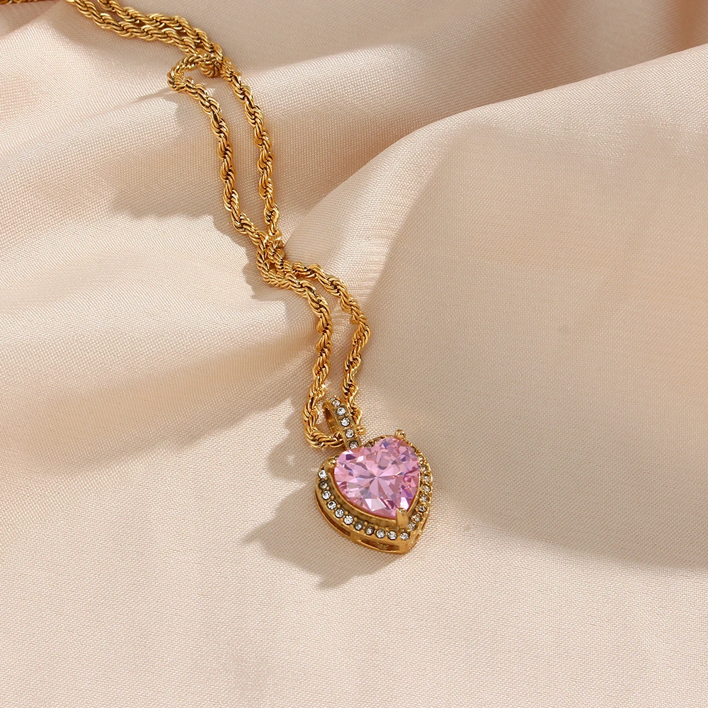Metal Color: RED-BROWN - 2022 New Stainless Steel PVD Plating Heart Shape AAA Cubic Zircon Stone Pendant Necklace Ladies Party Christmas Jewelry Gift