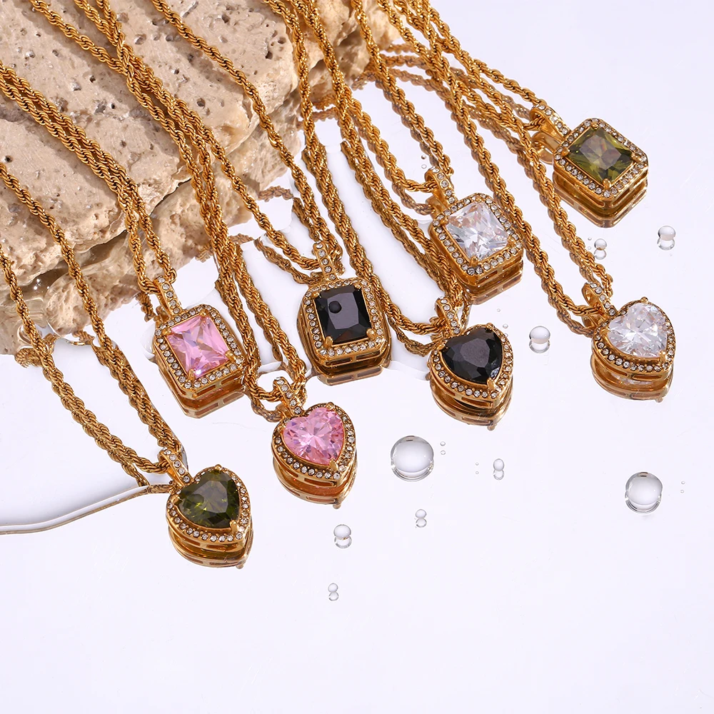 Metal Color: RED-BROWN - 2022 New Stainless Steel PVD Plating Heart Shape AAA Cubic Zircon Stone Pendant Necklace Ladies Party Christmas Jewelry Gift