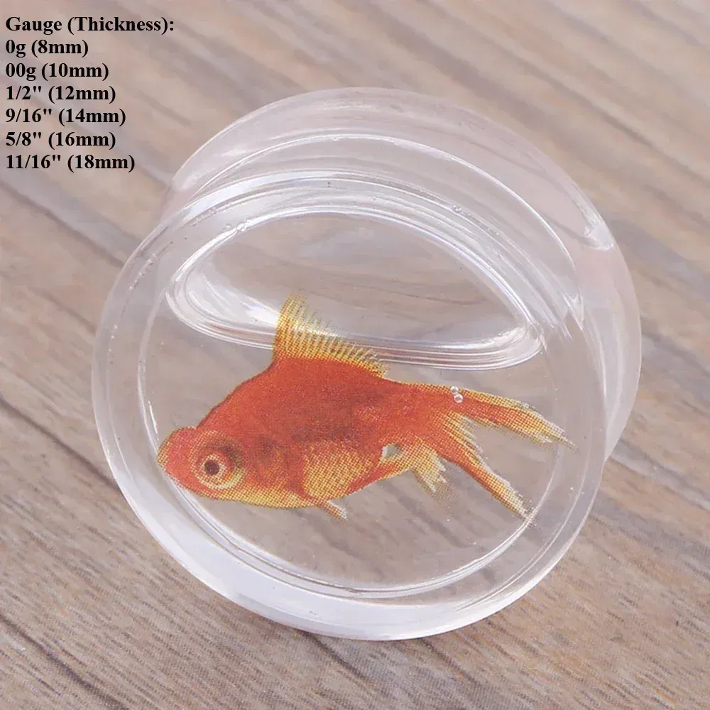 Metal color: Light Yellow Gold Color, Main Stone Color: GRAY - 2Pcs Acrylic Liquid Goldfish Ear Plug Double Flared Saddle Flesh Tunnel Gauge Stretcher 8mm-18mm