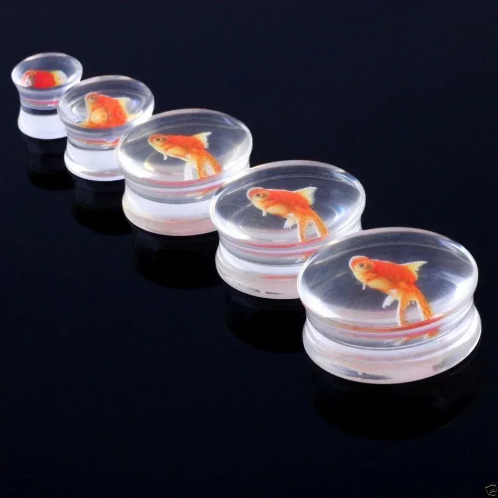 Metal color: Light Yellow Gold Color, Main Stone Color: GRAY - 2Pcs Acrylic Liquid Goldfish Ear Plug Double Flared Saddle Flesh Tunnel Gauge Stretcher 8mm-18mm