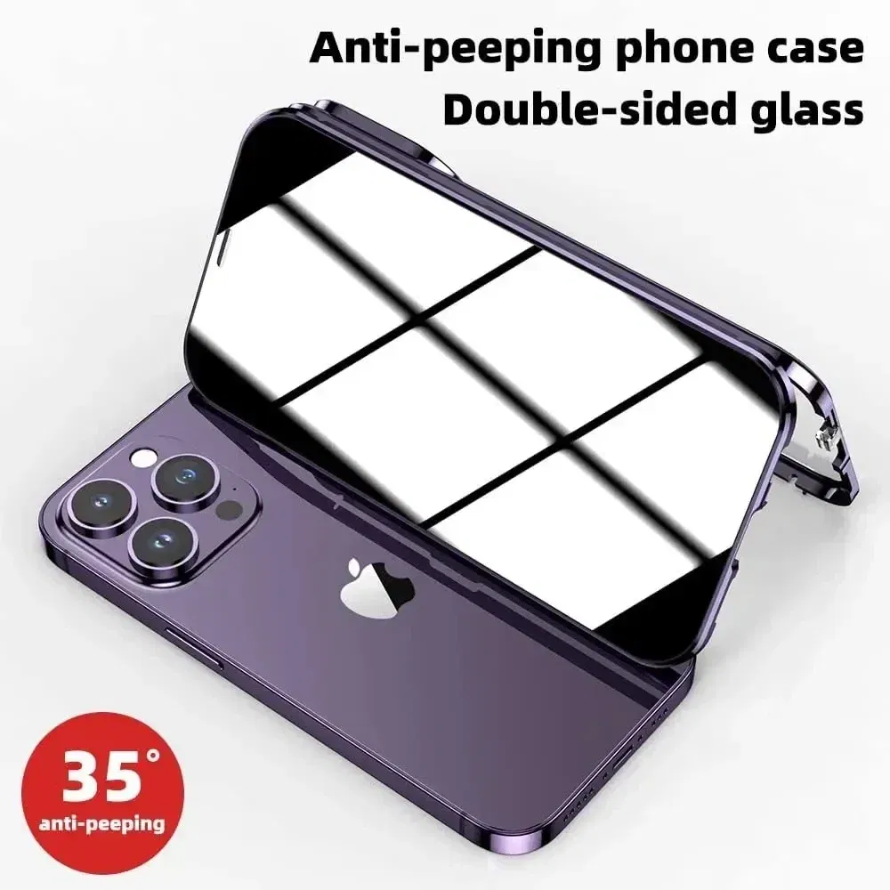 Color: Gold, Material: CANVAS - Double-Sided Privacy Magnetic Case For iPhone 16 12 13 14 15 11 Pro Max 14 Plus 16 Plus Anti Peeping Full Cover Metal Frame Case