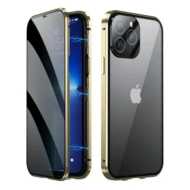 Color: Gold, Material: CANVAS - Double-Sided Privacy Magnetic Case For iPhone 16 12 13 14 15 11 Pro Max 14 Plus 16 Plus Anti Peeping Full Cover Metal Frame Case