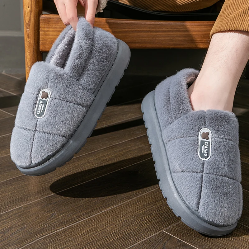Color: Red, Shoe Size: 40-41 - Men's slippers Winter Solid Color Wrap Heels Plush Slippers Non-slip Warm Women Men Home Casual Cotton Shoes Big Size 50 51