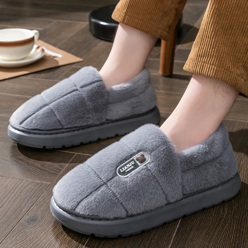 Color: Red, Shoe Size: 40-41 - Men's slippers Winter Solid Color Wrap Heels Plush Slippers Non-slip Warm Women Men Home Casual Cotton Shoes Big Size 50 51