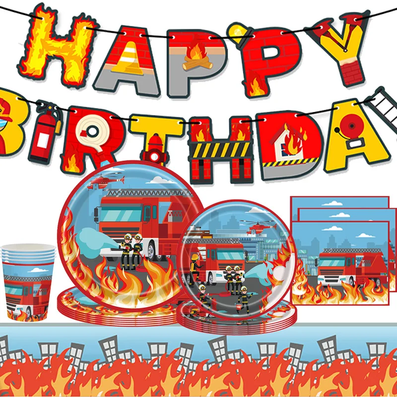 Color: WHITE - Fireman Fire Truck Party Disposable Tableware Plates Cups Napkins Tablecloth Birthday Banner Fire Rescue Birthday Decoration