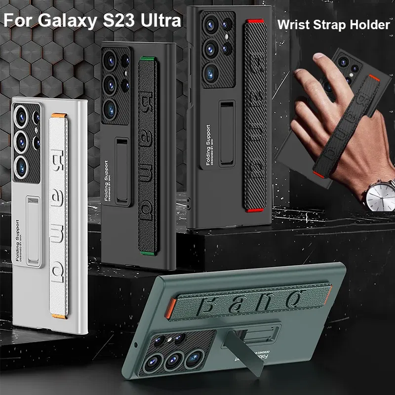 Color: WHITE, Material: ABS - S24 Ultra Wrist Strap Holder Case For Samsung Galaxy S23 Ultra Carbon Fiber Shockproof Armor Camera Protector Kickstand Cover