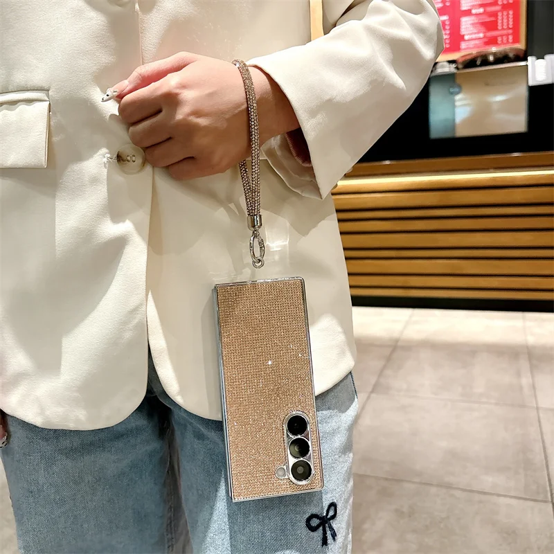 Color: SKY BLUE, Material: Denim - Luxury Flash Diamond Sparkling phone case for Samsung Galaxy Z Fold 6 5 zfold 4 Electroplated bracelet shockproof cover
