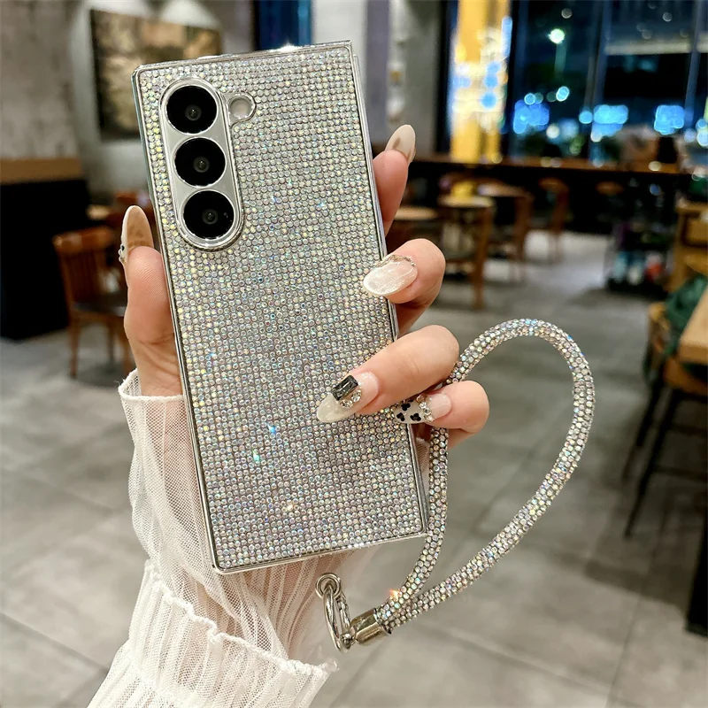 Color: SKY BLUE, Material: Denim - Luxury Flash Diamond Sparkling phone case for Samsung Galaxy Z Fold 6 5 zfold 4 Electroplated bracelet shockproof cover