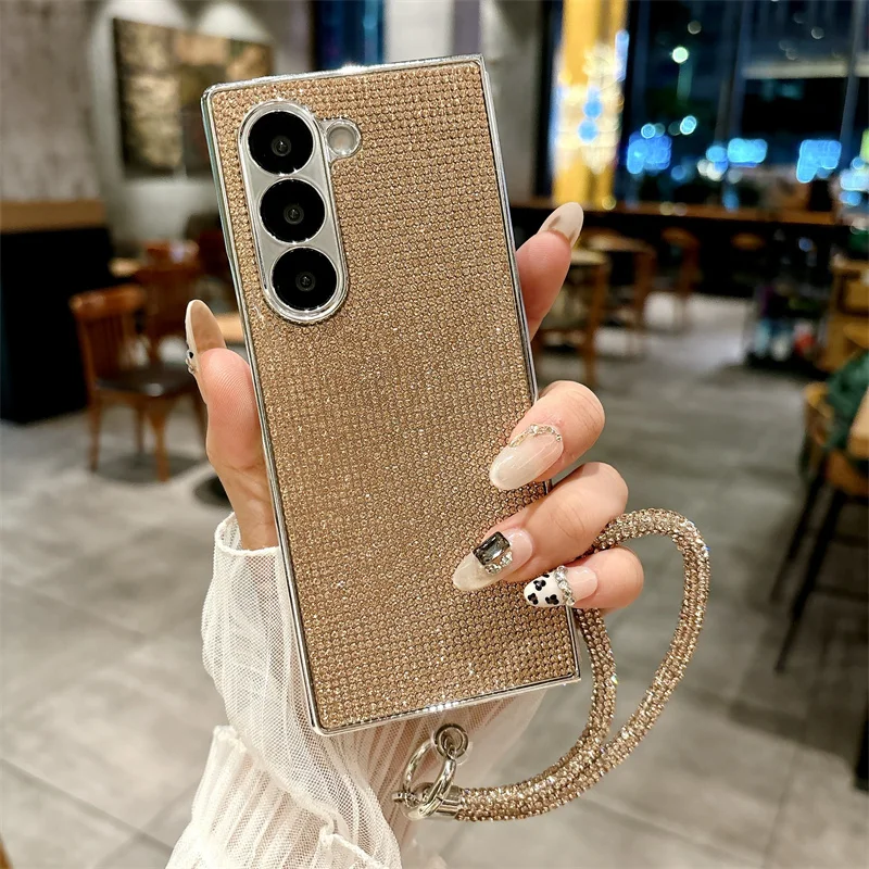 Color: SKY BLUE, Material: Denim - Luxury Flash Diamond Sparkling phone case for Samsung Galaxy Z Fold 6 5 zfold 4 Electroplated bracelet shockproof cover