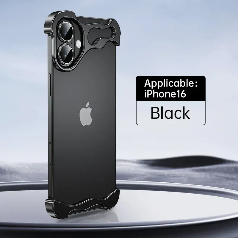 Color: WHITE, Material: POLYESTER - Aluminum Metal Rimless Phone Case for iPhone 16 15 14 Plus 13 12 Pro Max Lens Protective Film Hollow Logo Cooling Accessory Case