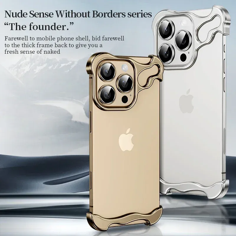 Color: WHITE, Material: POLYESTER - Aluminum Metal Rimless Phone Case for iPhone 16 15 14 Plus 13 12 Pro Max Lens Protective Film Hollow Logo Cooling Accessory Case