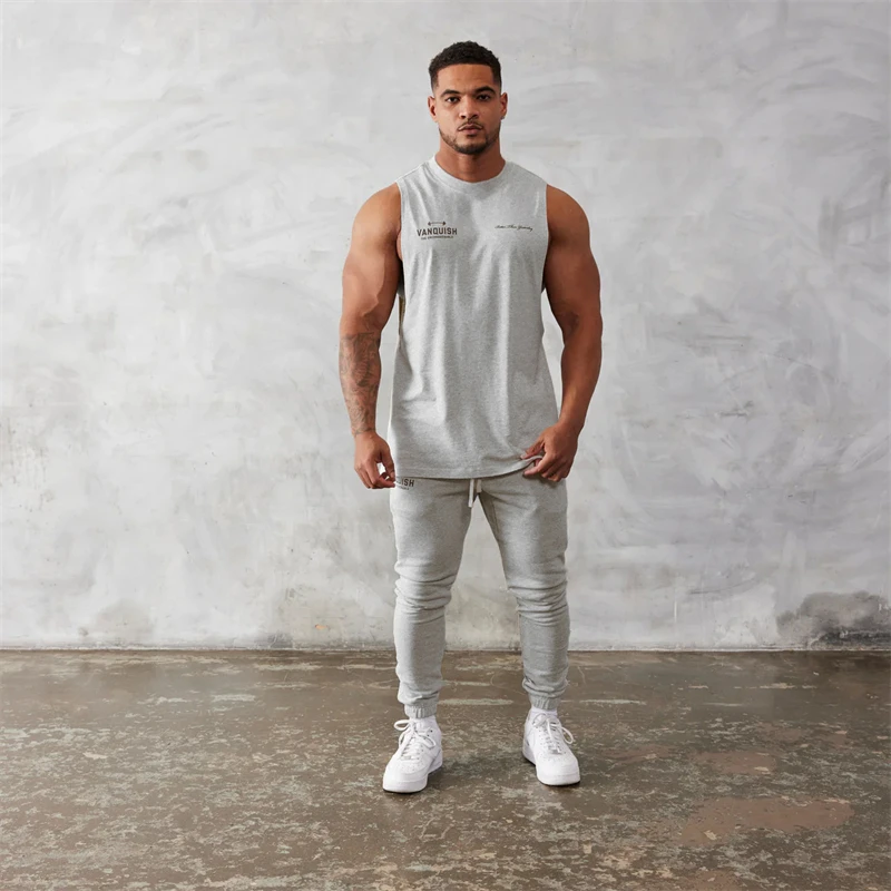 Color: WHITE, Size: XL - Gym exercise fitness sports men's vest cotton wide shoulder round neck sleeveless shirt slim casual men's wear
