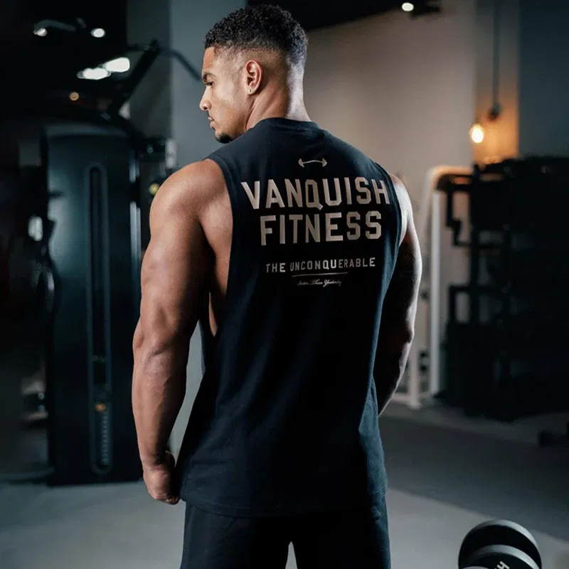 Color: WHITE, Size: XL - Gym exercise fitness sports men's vest cotton wide shoulder round neck sleeveless shirt slim casual men's wear