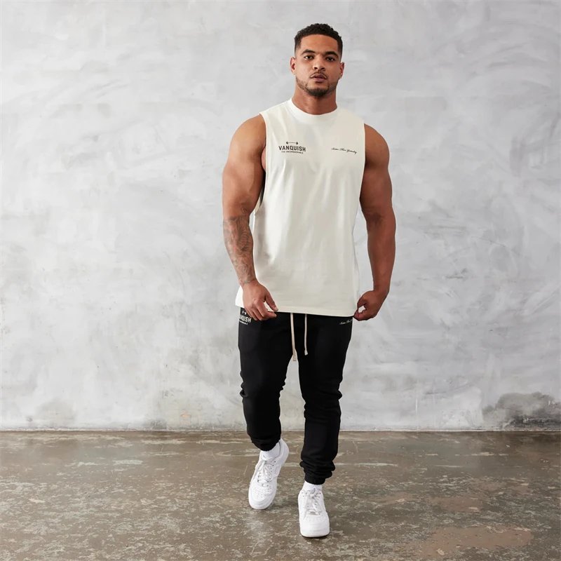Color: WHITE, Size: XL - Gym exercise fitness sports men's vest cotton wide shoulder round neck sleeveless shirt slim casual men's wear
