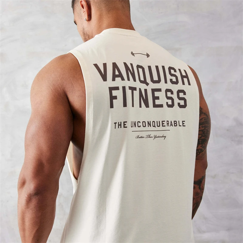 Color: WHITE, Size: XL - Gym exercise fitness sports men's vest cotton wide shoulder round neck sleeveless shirt slim casual men's wear
