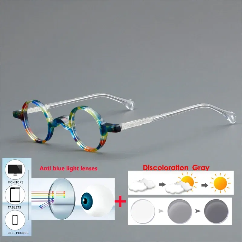 Frame Color: Milky White, Eye Prescription: +50 - VCKA Photochromic Acetate Myopia Glasses Men Retro Small Round Frames Women Custom prescription Anti-Blue  Eyewear -0.5 TO -10