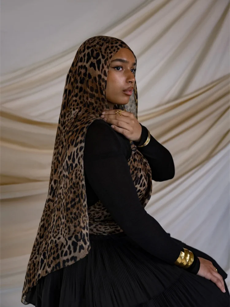 Color: lce grey - 1Pcs Ramadan Hijab Leopard Print Women Bohemian Watercolor Soft Muslim Hijabs Floral Breathable Shawl Wrap Scarf Headscarf Warm