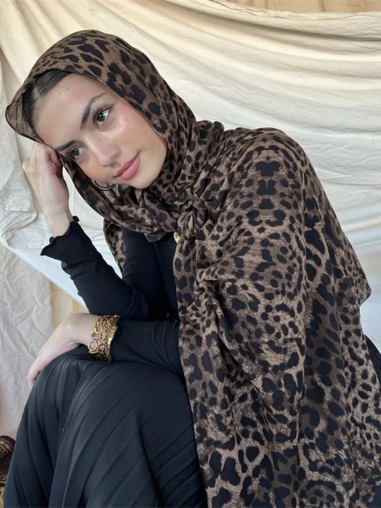 Color: lce grey - 1Pcs Ramadan Hijab Leopard Print Women Bohemian Watercolor Soft Muslim Hijabs Floral Breathable Shawl Wrap Scarf Headscarf Warm