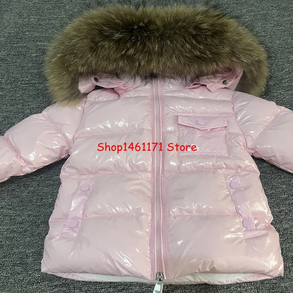 Color: Brown, Kid Size: 2T - Kids Winter Down Jacket Shiny Real Raccoon Fur Collar Toddler Boys Hooded Coat Baby Girls Warm Snowsuit Children's Parkas