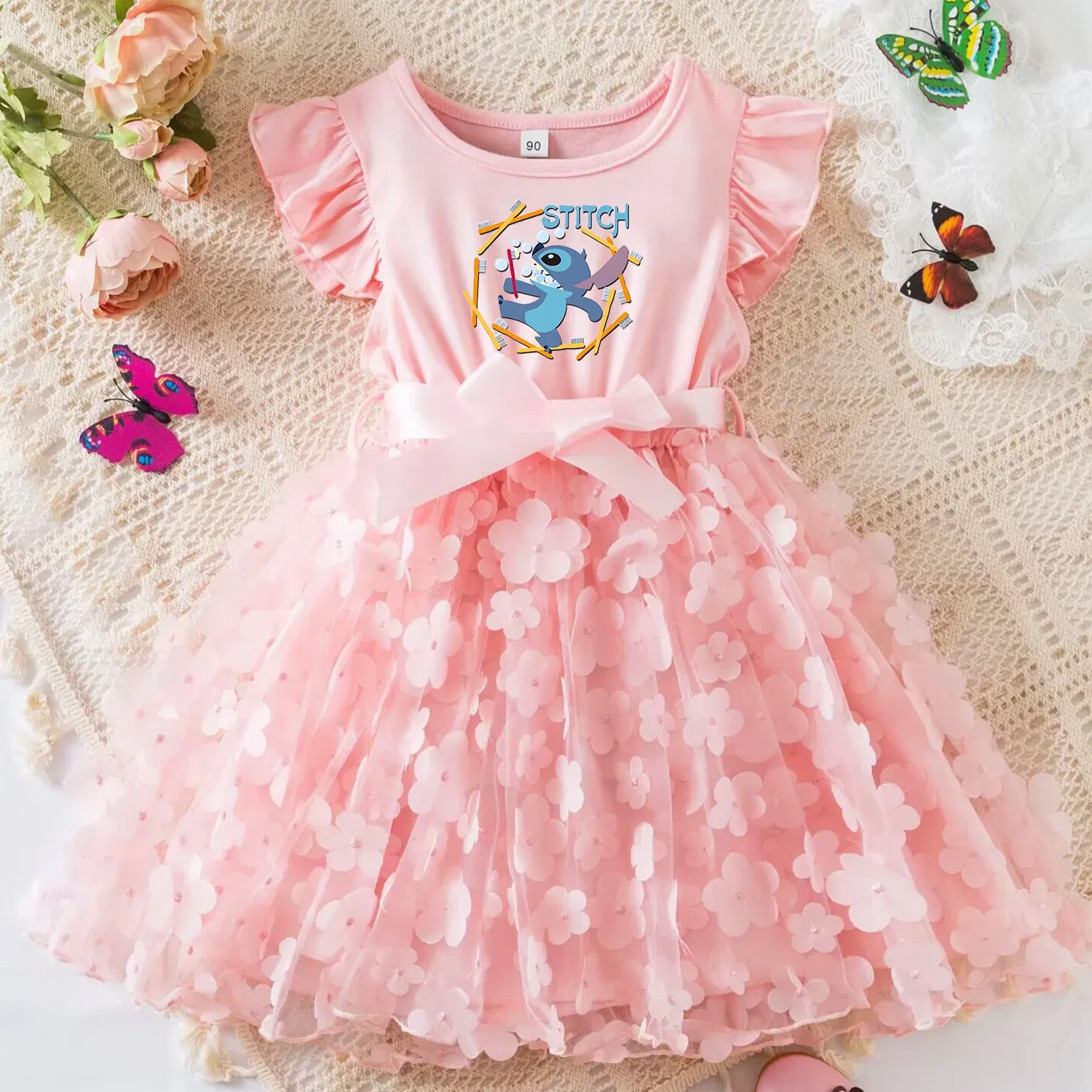 Color: Gold, Size: XS - 3D Butterfly Cute Lilo Stitch Summer Dress for Kid's Casual Clothes Baby Girls Beautiful Princess Dress Party Dresses 2-6 Yrs