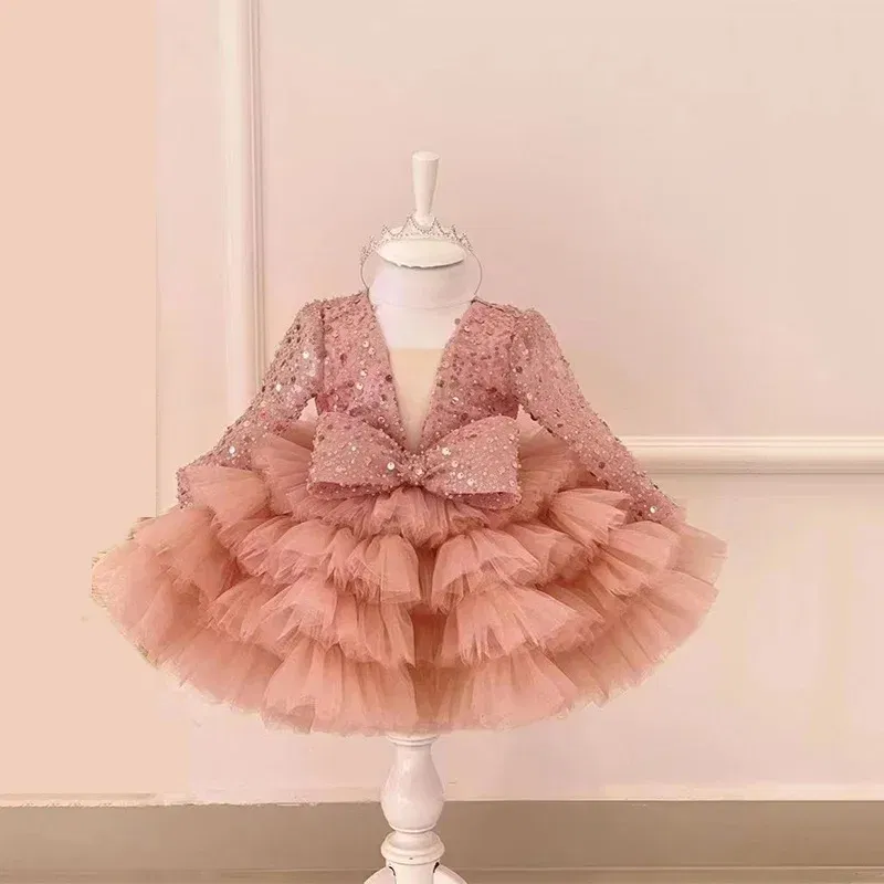 Kid Size: 4T, Color: Pink - 2-12 years old  sequin long-sleeved dress girl puffy dress girl lace birthday wedding flower girl bow performance dress