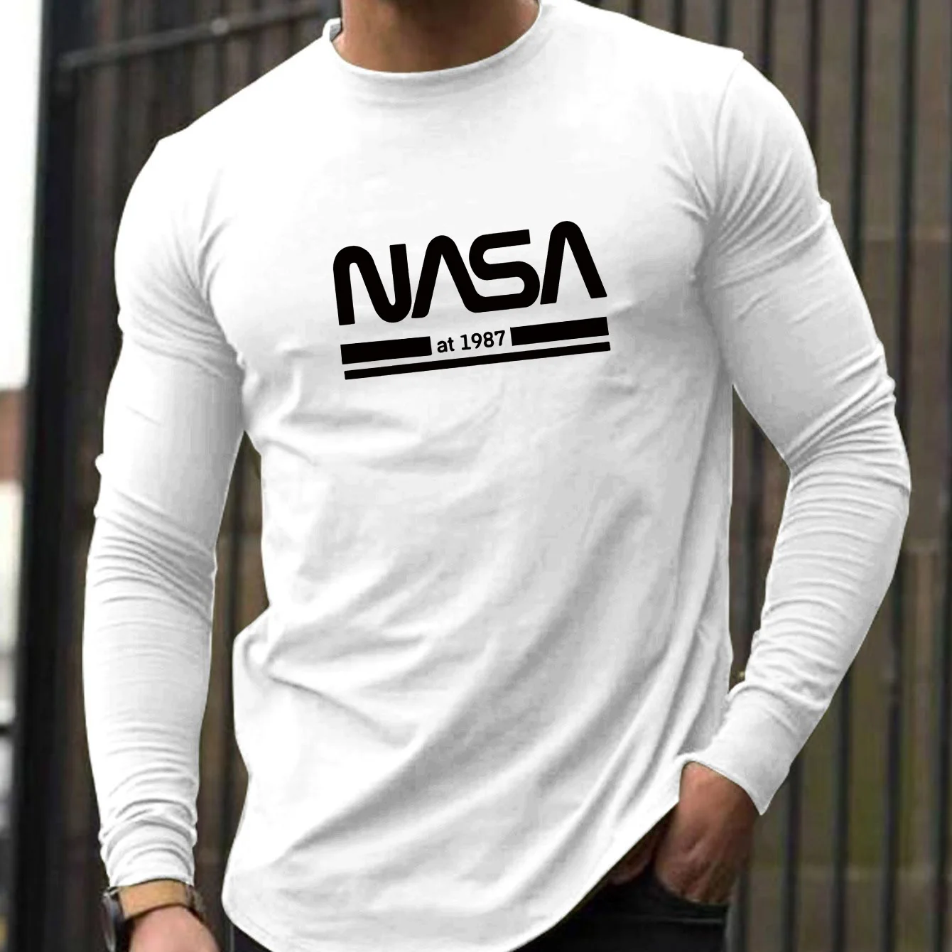 Color: Dark Grey, Size: M - Men's Spring and Autumn 100% Cotton Loose Comfortable Casual NASA Letter Printed Round Neck Long Sleeve T-shirt
