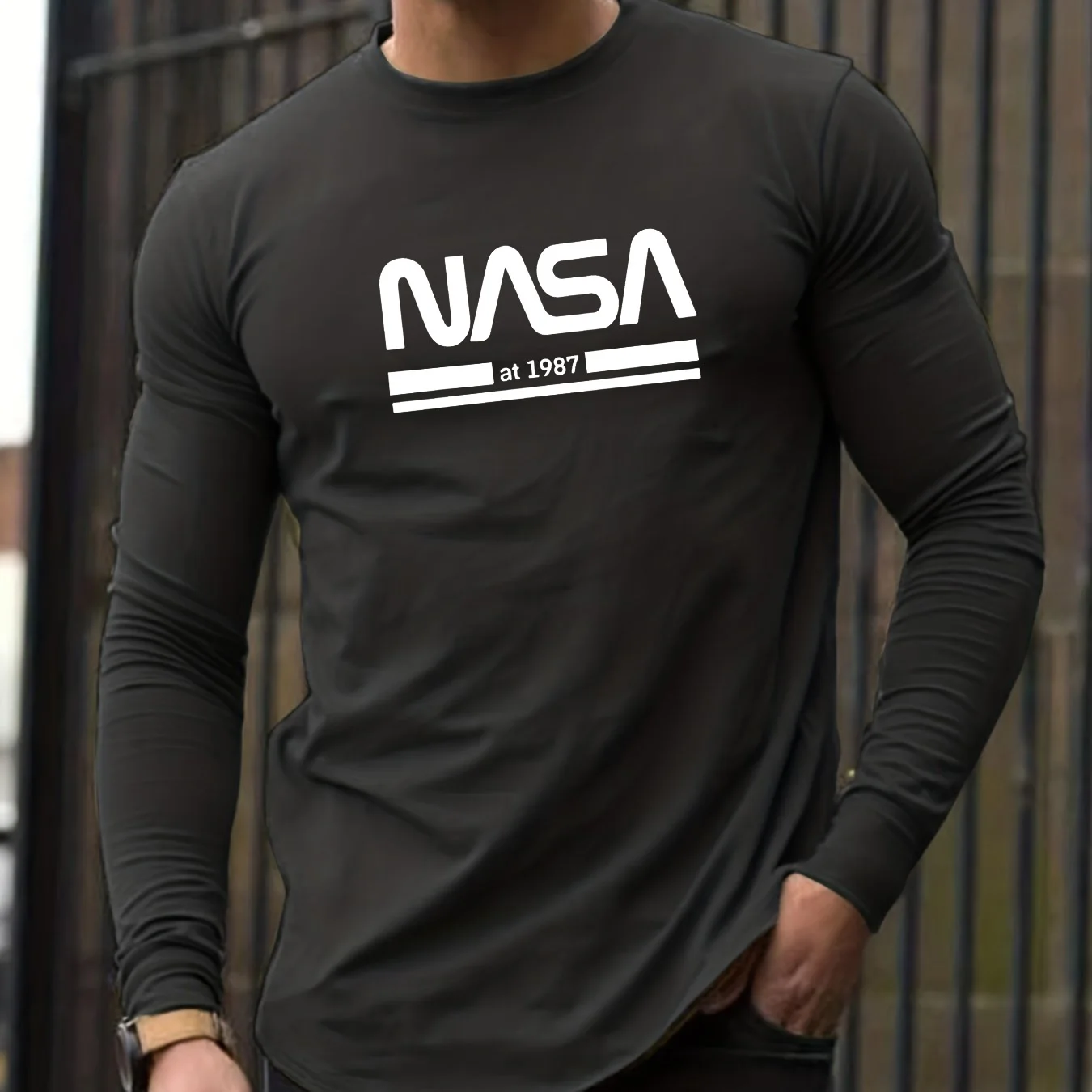 Color: Dark Grey, Size: M - Men's Spring and Autumn 100% Cotton Loose Comfortable Casual NASA Letter Printed Round Neck Long Sleeve T-shirt
