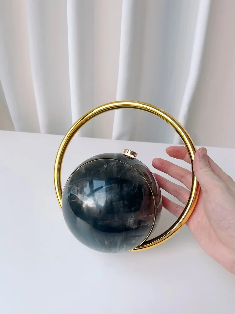 Color: MULTI - 2025 New Marble Pattern Spherical Banquet Bag for Women Trendy Electroplated Handle PVC Handbags Lady Mini Purse Evening Clutch