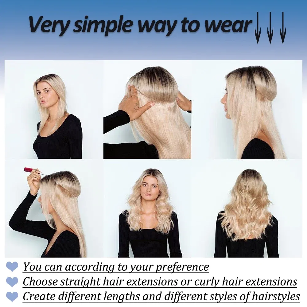 Color: T1B/4/27, Stretched Length: 22inches, Ships From: CHINA - Synthetic Natural Wavy No Clip Fish Line Invisible Hair Extensions Mixed Color Blonde Black Artificial False Hair Piece ForWomen