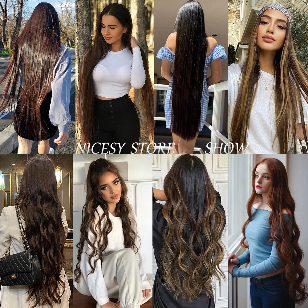 Color: T1B/4/27, Stretched Length: 22inches, Ships From: CHINA - Synthetic Natural Wavy No Clip Fish Line Invisible Hair Extensions Mixed Color Blonde Black Artificial False Hair Piece ForWomen