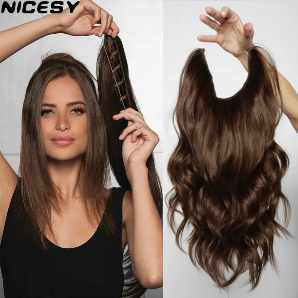 Color: T1B/4/27, Stretched Length: 22inches, Ships From: CHINA - Synthetic Natural Wavy No Clip Fish Line Invisible Hair Extensions Mixed Color Blonde Black Artificial False Hair Piece ForWomen