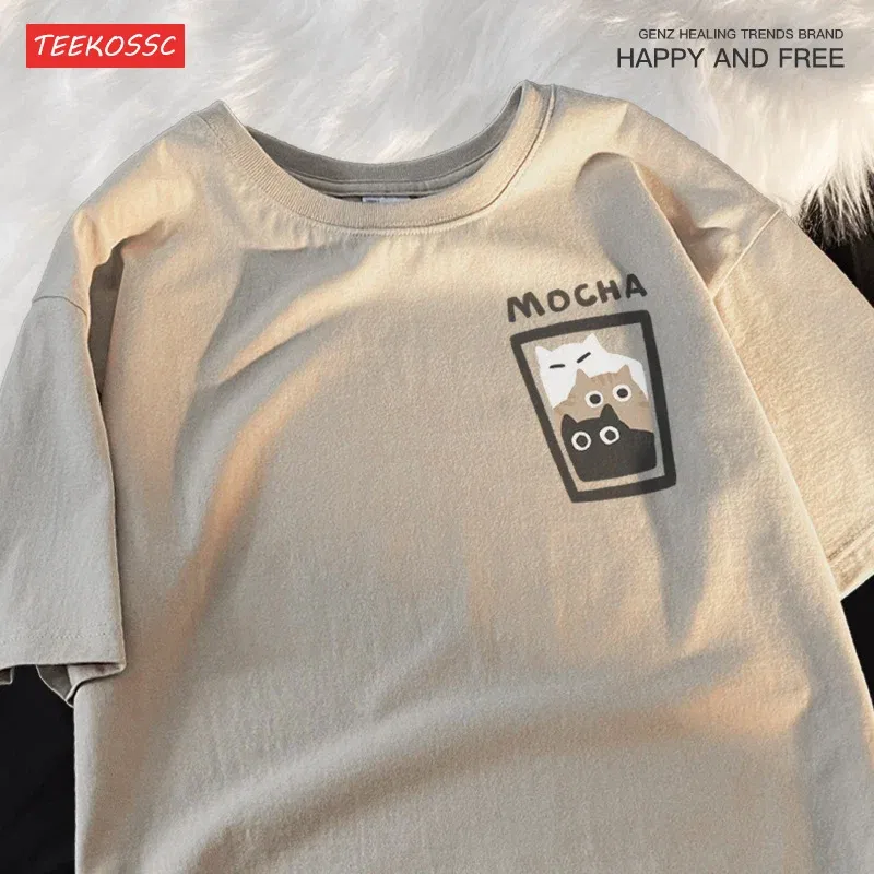 Color: Blue, Size: XXXL - Mocha Latte Couple Outfit Cat Coffee Couple Male T-Shirts Graphic Cool Tee Shirt High-Quality Oversized Tshirt Comfort Soft