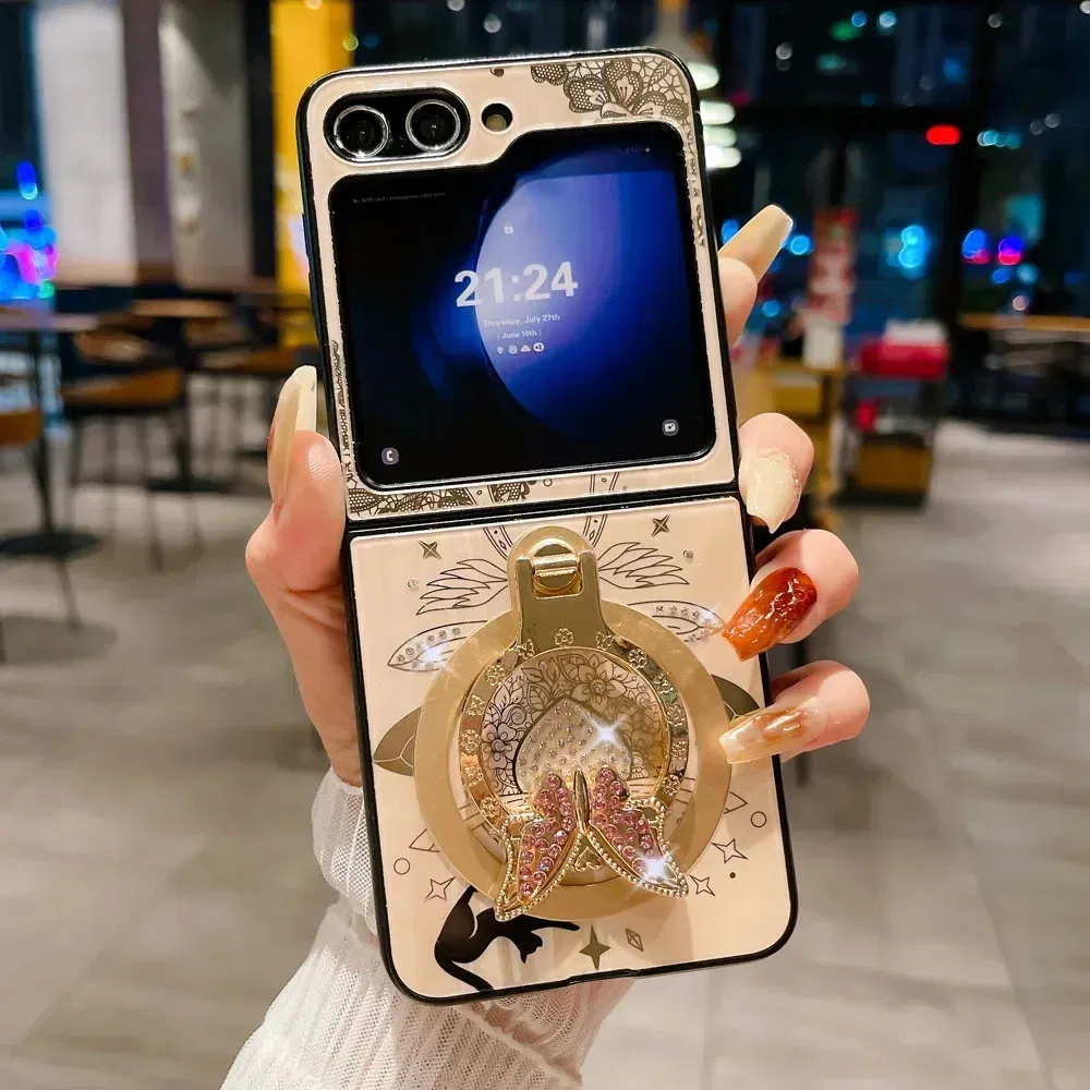Material: Aluminum, Color: Pink - For Samsung Galaxy Z Flip 5 4 3 5G MagSafe Magnetic Phone Case Stand Holder Glitter Bling Diamond 3D Ring Cover For Z Flip5 4 5G