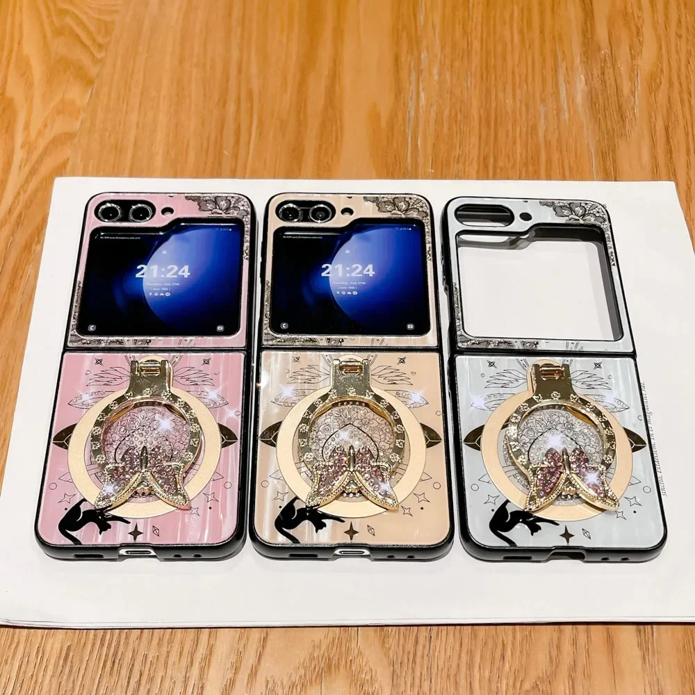 Material: Aluminum, Color: Pink - For Samsung Galaxy Z Flip 5 4 3 5G MagSafe Magnetic Phone Case Stand Holder Glitter Bling Diamond 3D Ring Cover For Z Flip5 4 5G